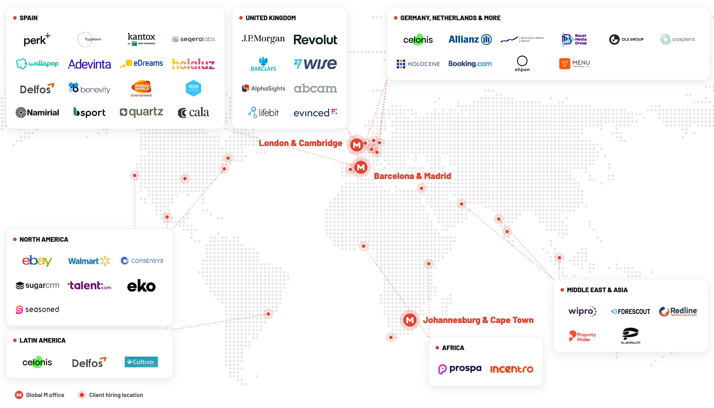 World map of Global M offices and client hiring locations